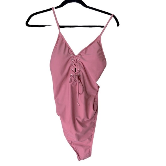 Xhilaration Pink Lace Up Front One Piece Swimsuit Size Large - Picture 1 of 8